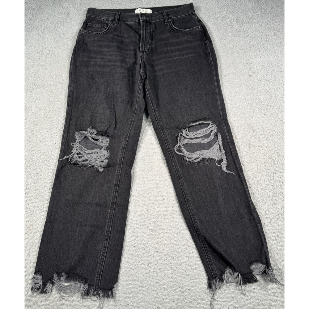 Free People We The Free Jeans Women's 26 Black Denim Straight Distressed Curvy